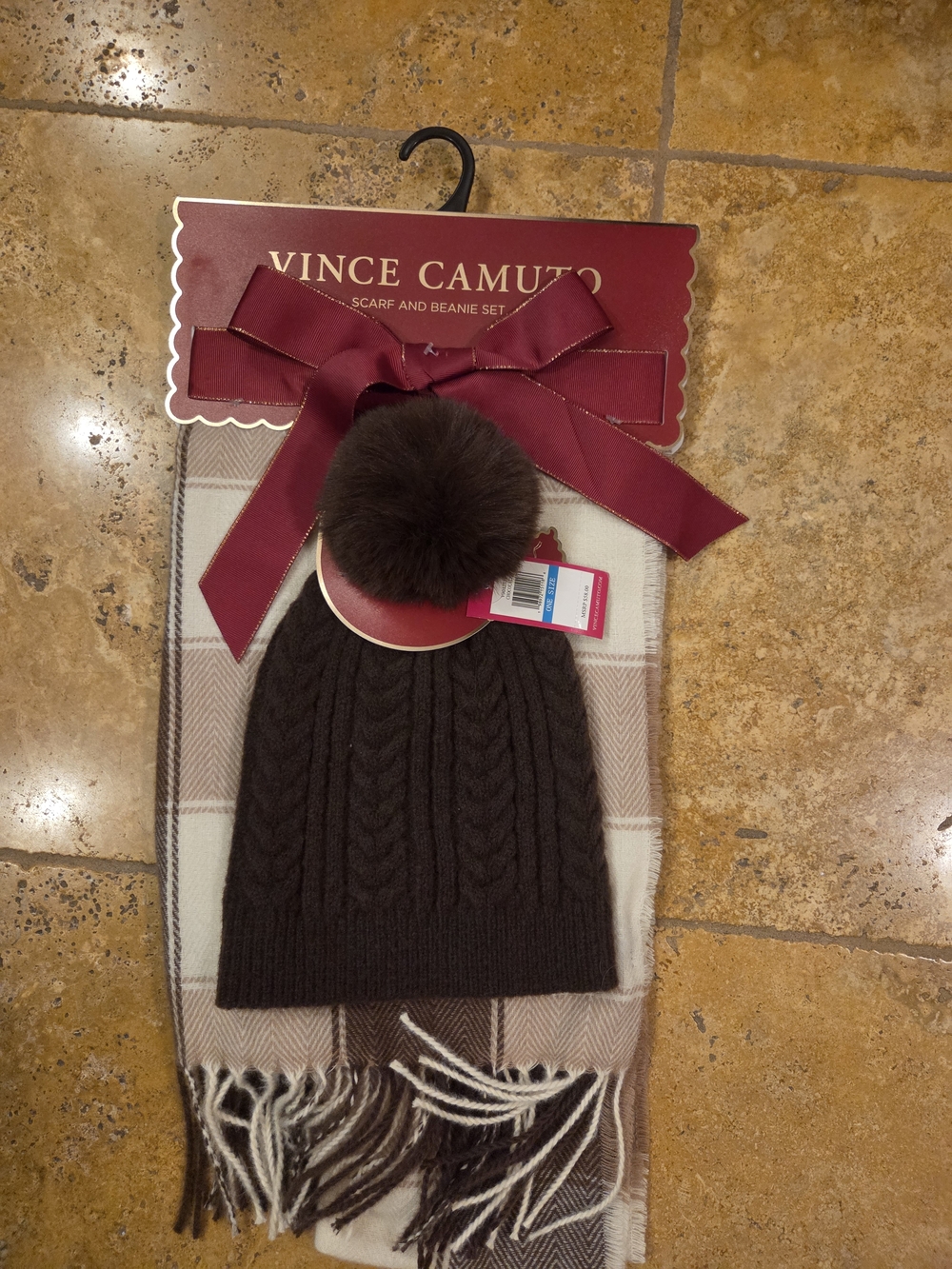 Vince Camuto Brown Cable Knit Pom Beanie & Plaid Scarf Set